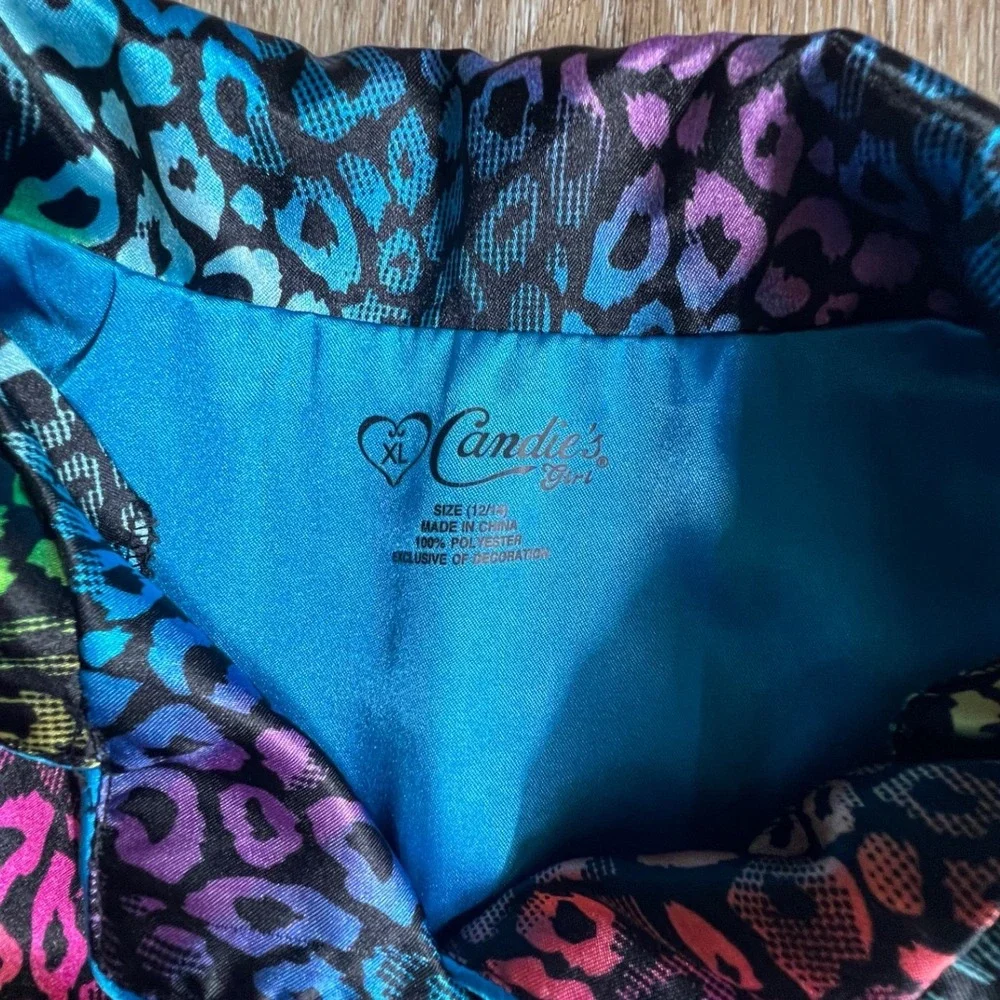 Candie's Pajama Top Girls XL 12/14 Rainbow Leopard Satin Long Sleeve Button Down